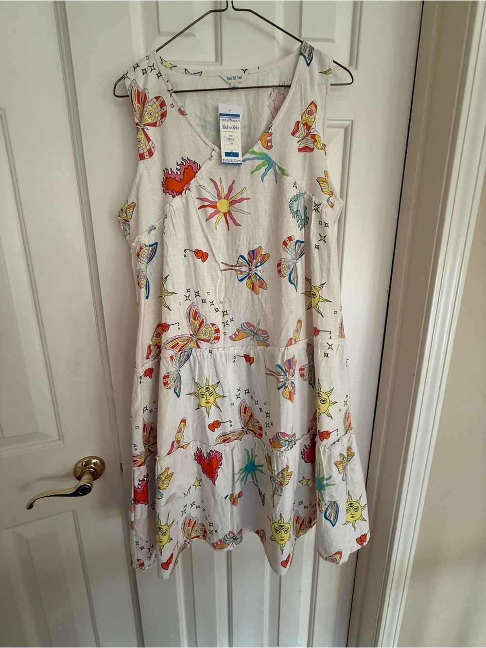 Yak & Yeti Sleeveless White Butterfly & Floral Tiered Dress